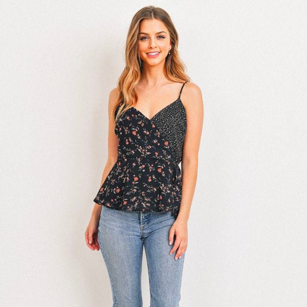 paper crane Black Multicolor Floral Double Print Surplice Wrap Peplum Tank Top